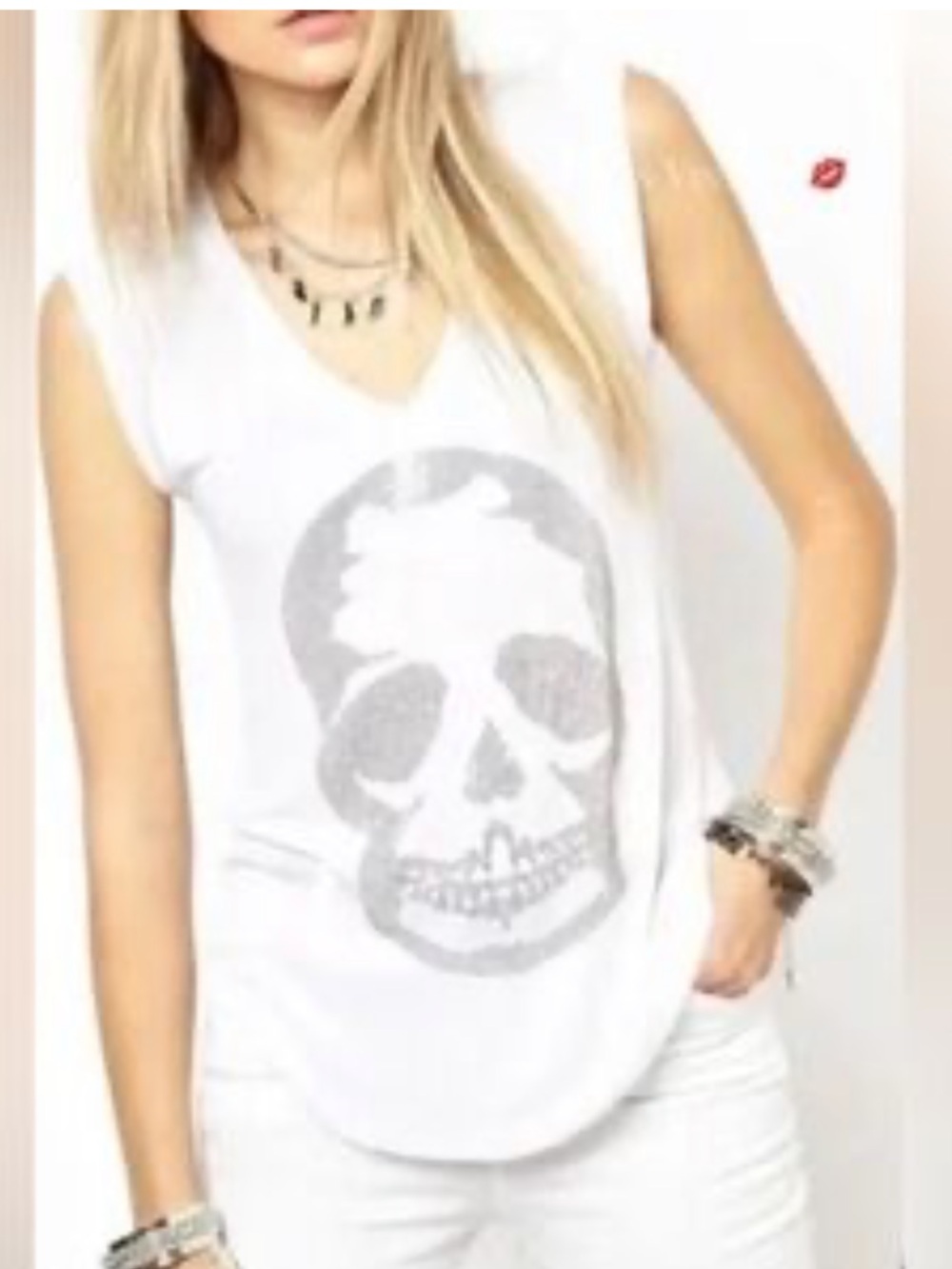 Zadig & Voltaire White Skull V‑Neck Top